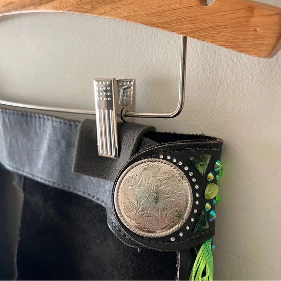 Black Leather Chaps with Green Fringe and Rhinestone Embellishments - Picture 16 of 16